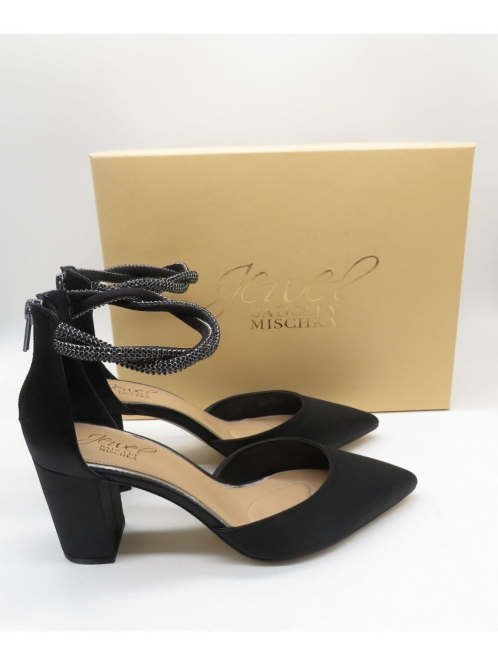 Jewel  Badgley Mischka Tinsley Black Satin Ankle Strap Heels Rhinestone 7.5 NEW